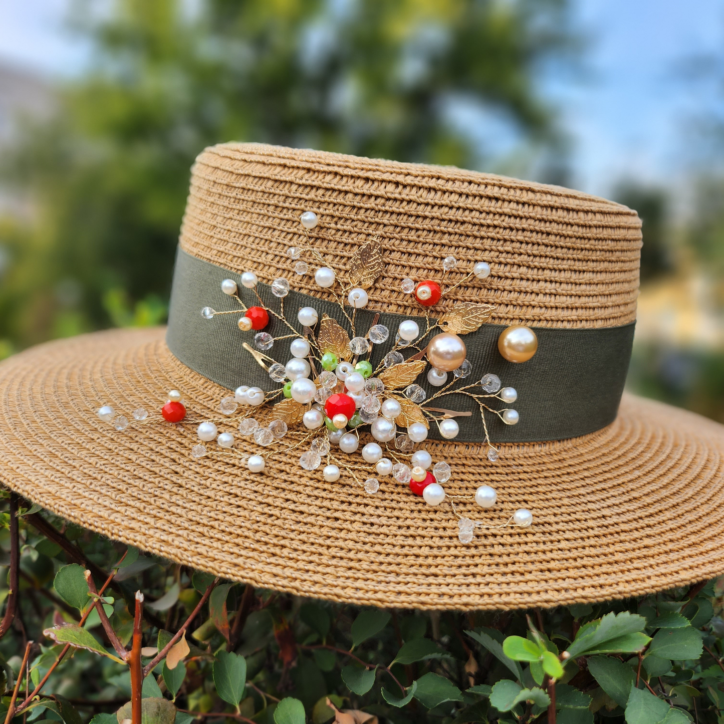 Khaki Straw Hat Handmade Canatier Collection Flowers in a single copy