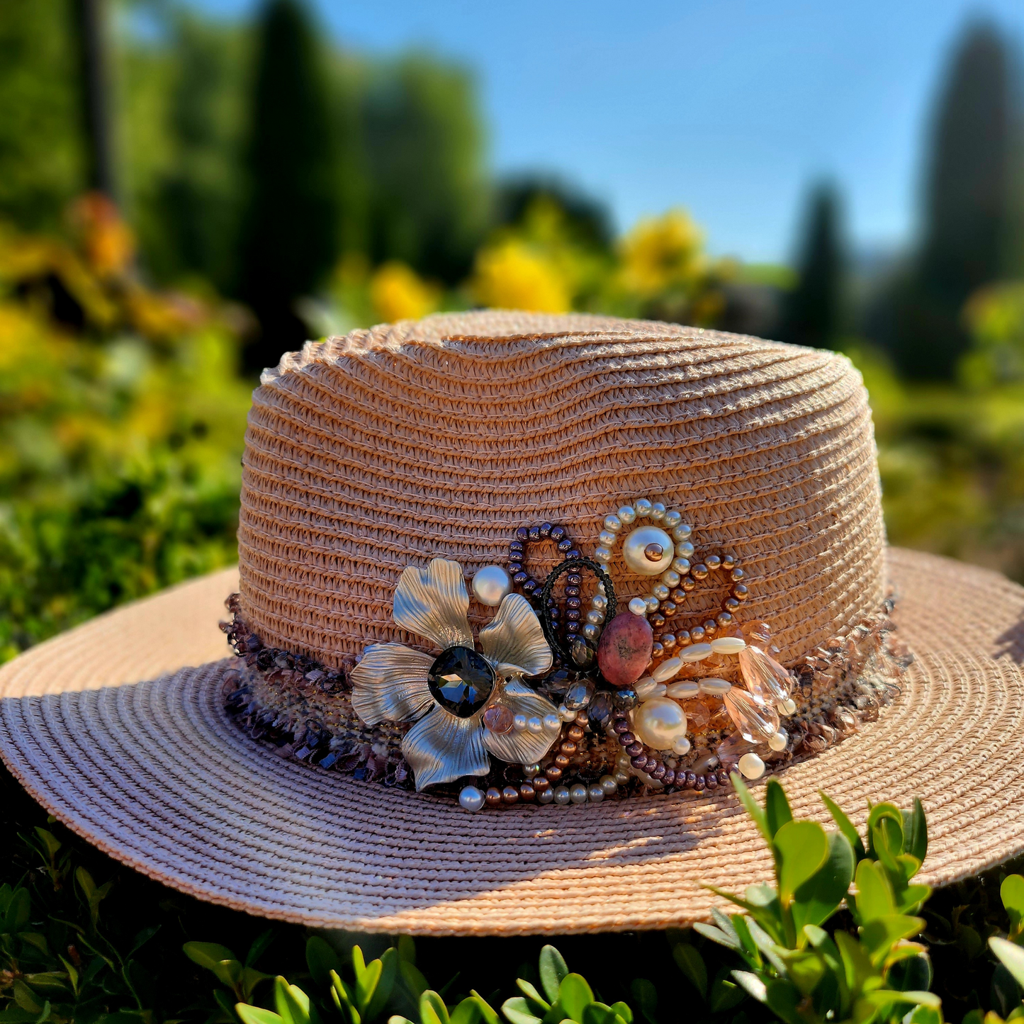 Pink Straw Fedora Hat Handmade Collection Flowers in a single copy