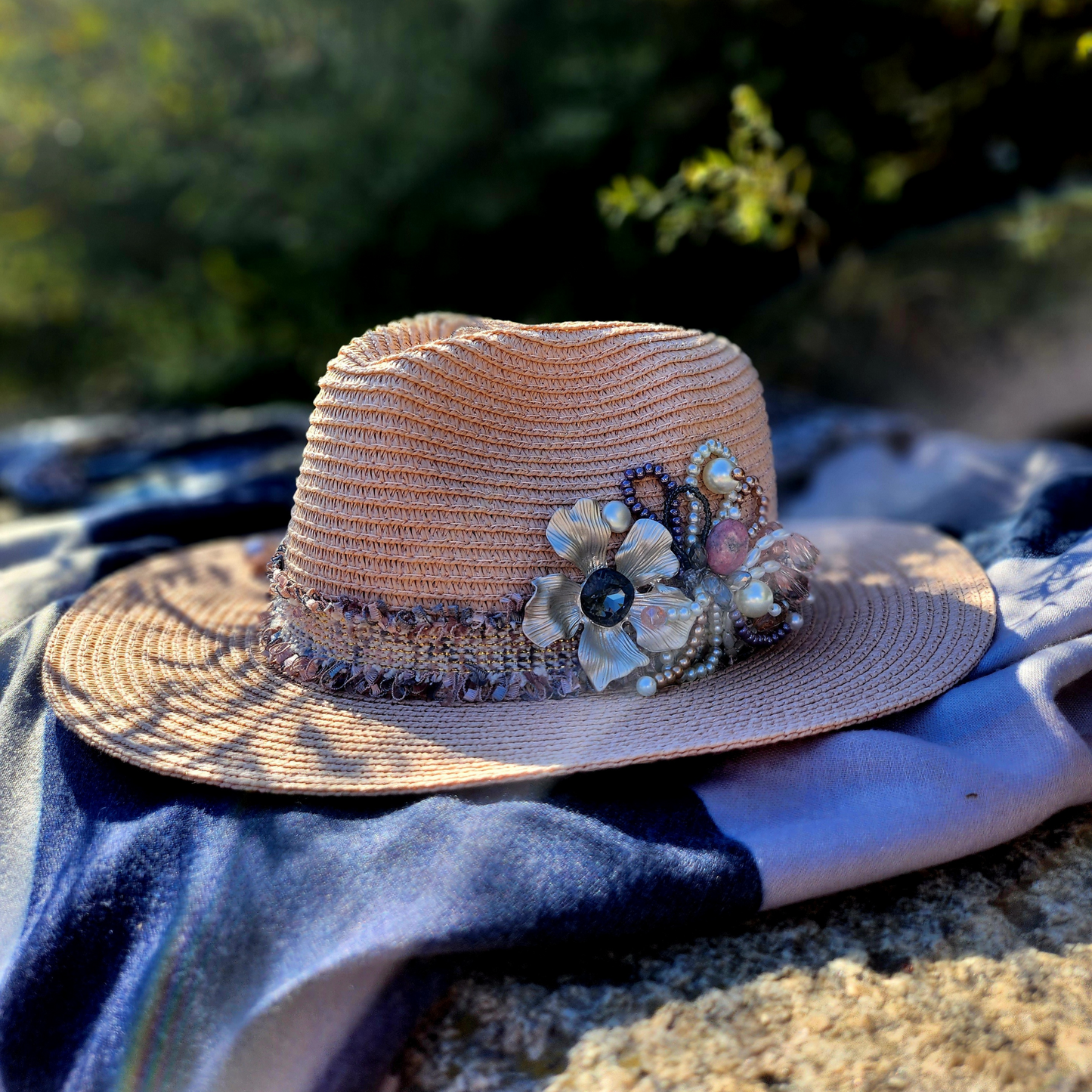 Pink Straw Fedora Hat Handmade Collection Flowers in a single copy