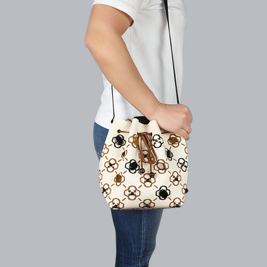 Beige-Black Fabric Bag with Green Pearls-on the shoulder, long strap 