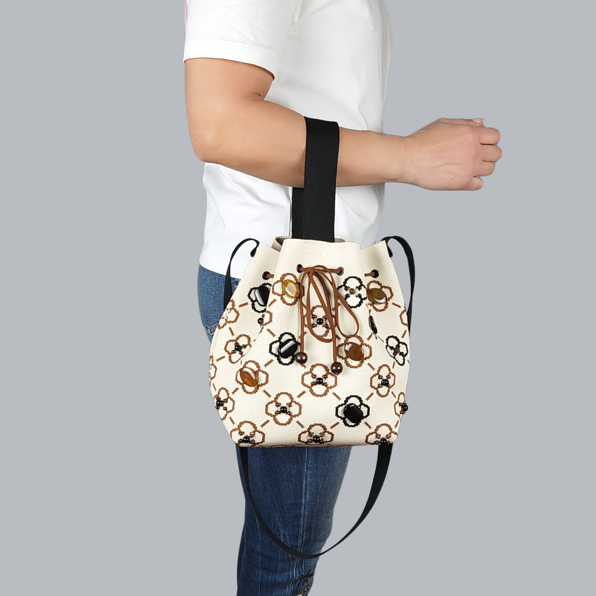 Beige-Black Fabric Bag with Green Pearls-on the arm, short strap 