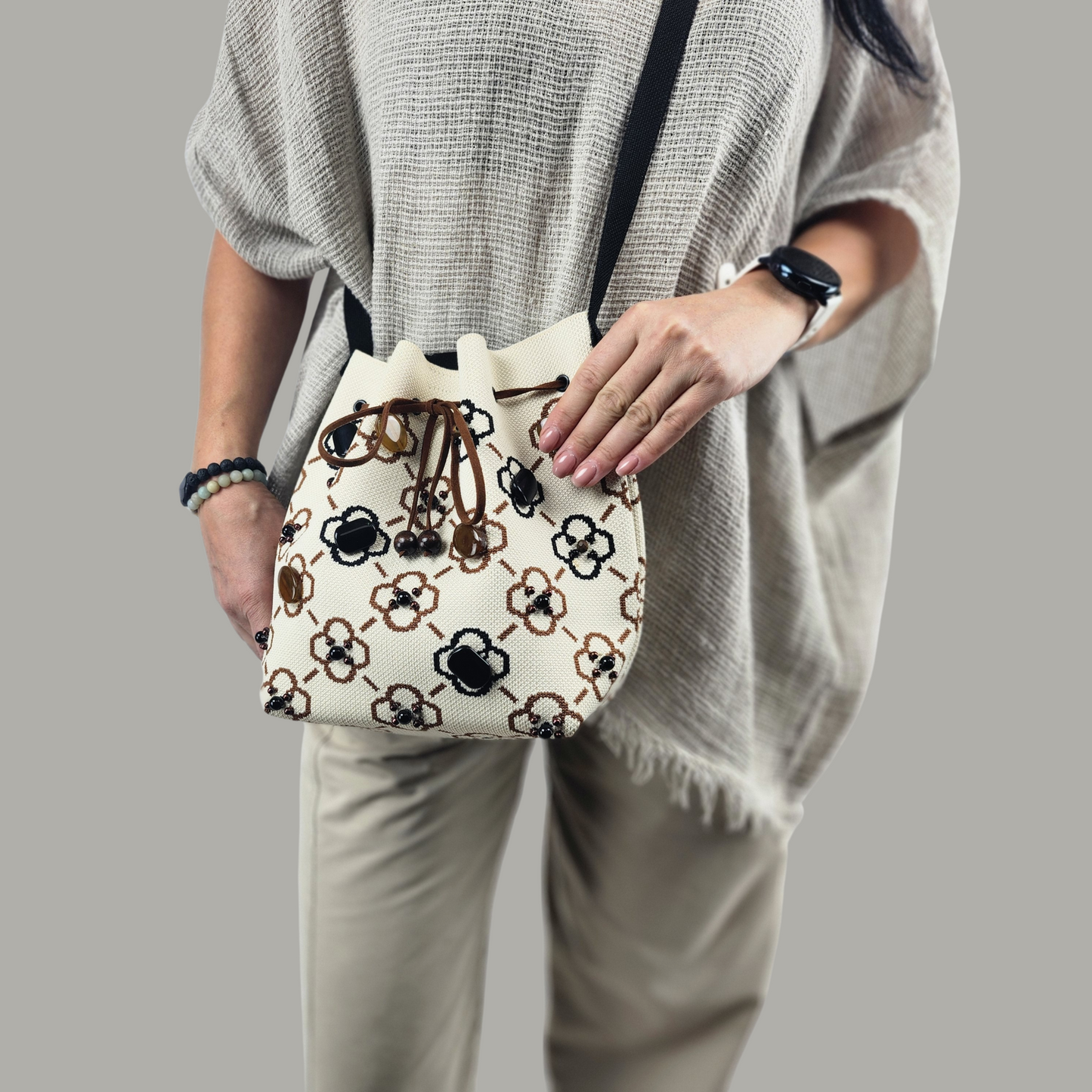 Beige-Black Fabric Bag with Green Pearls-model photo, front side