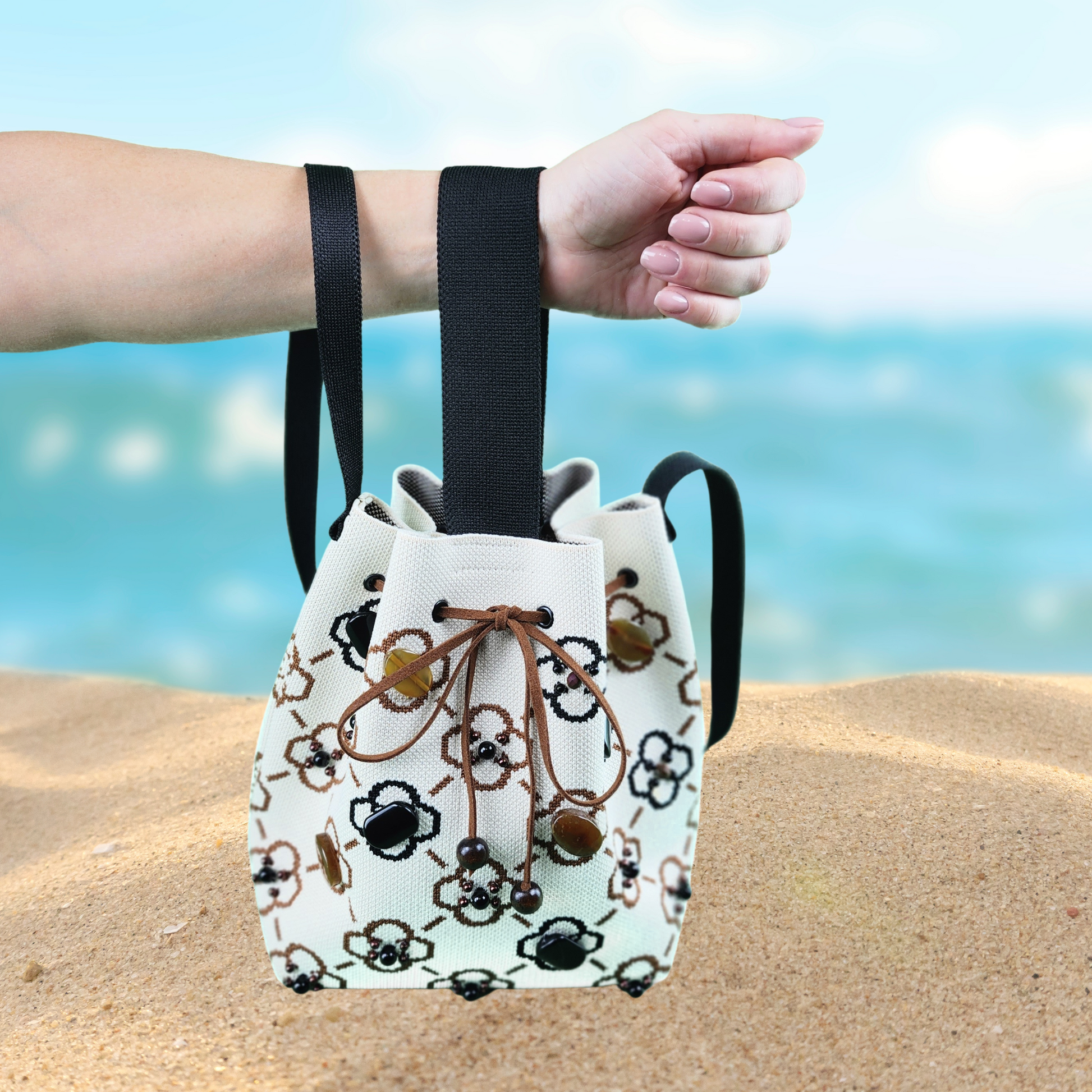 Beige-Black Fabric Bag with Green Pearls-photo on short strap, on hand 2