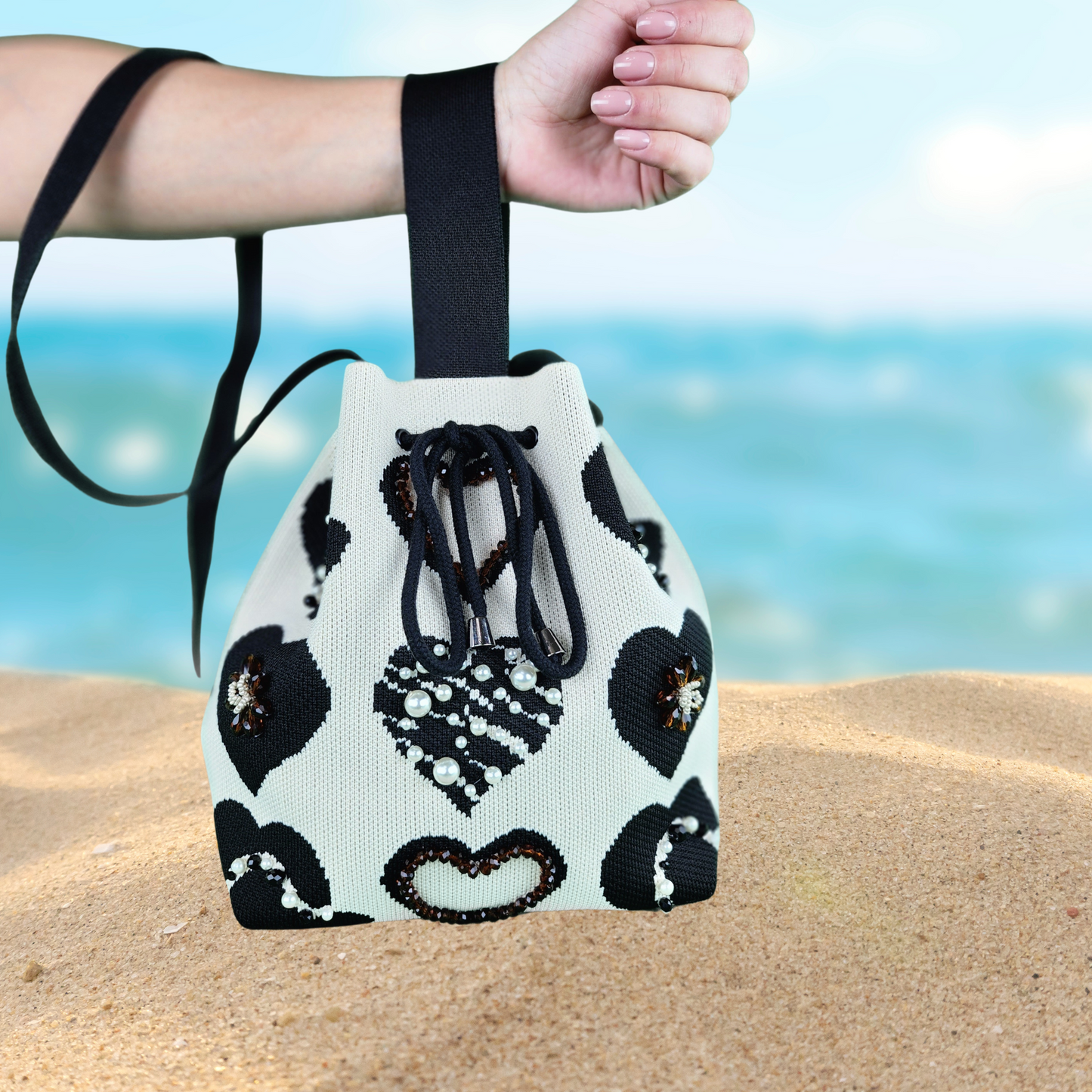 Beige Fabric Bag with Heart Decor-on the arm, short strap