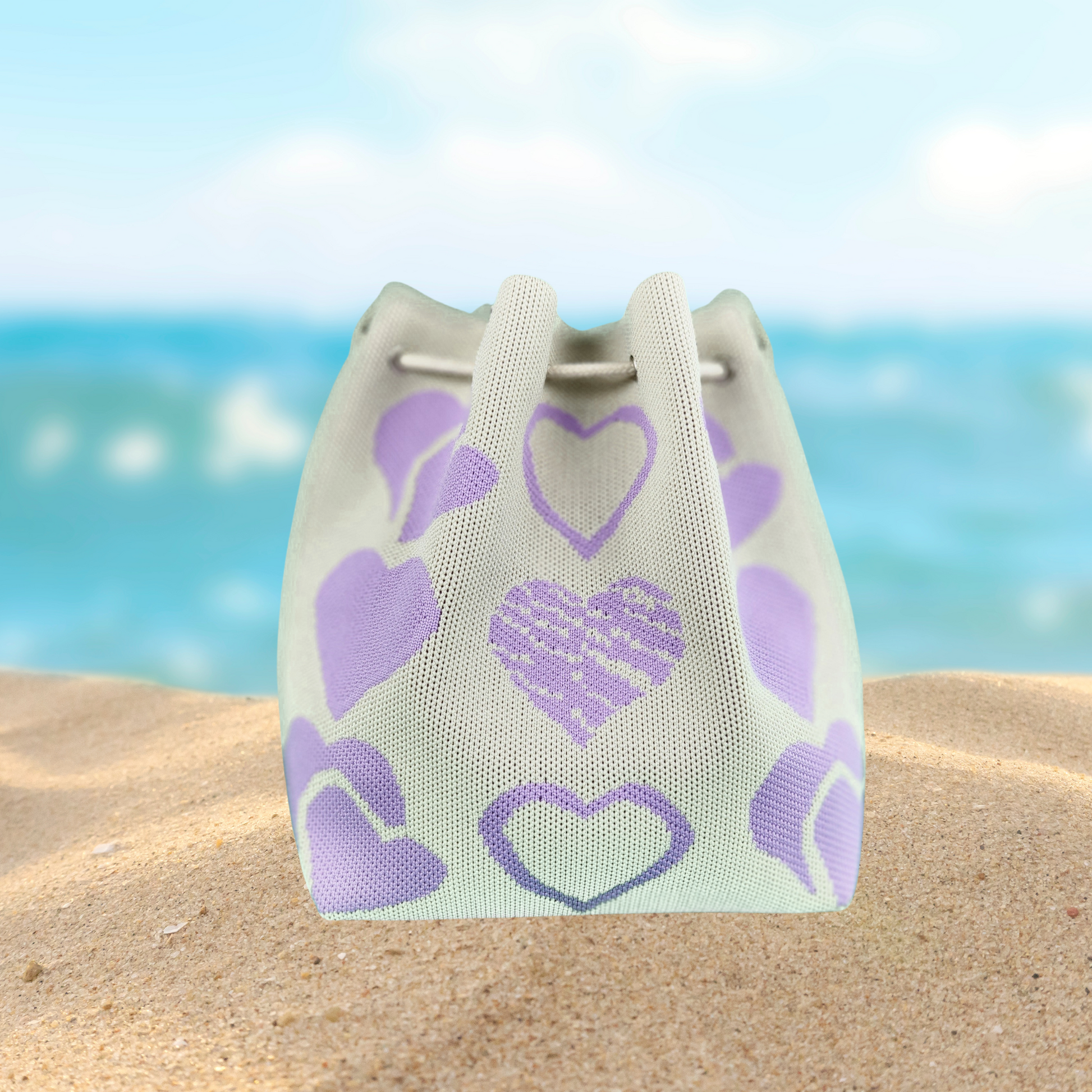 Beige Fabric Bag with Pearl Hearts and Beads-rear close-up