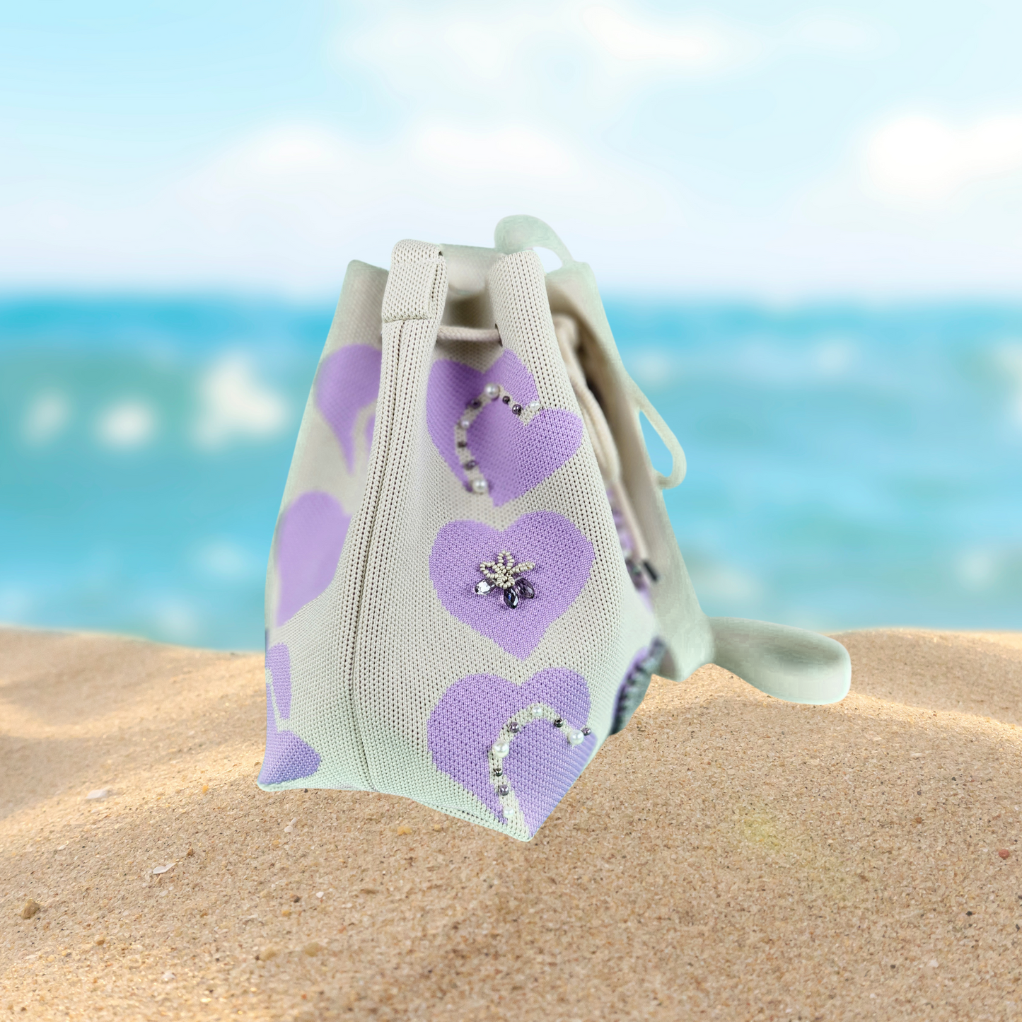 Beige Fabric Bag with Pearl Hearts and Beads-close up of the side
