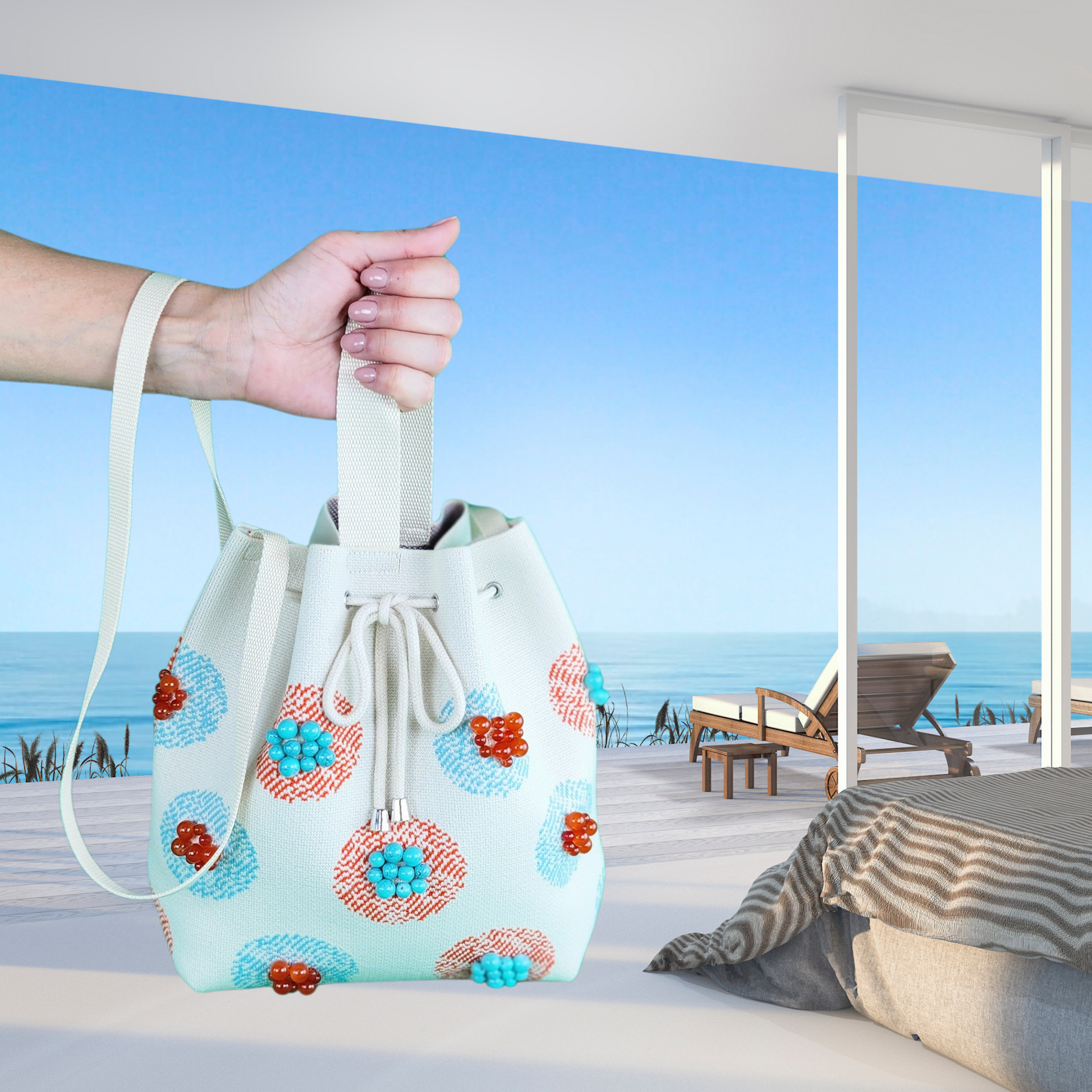Beige Fabric Bag with Stone Accents-a picture of the bag in your hand