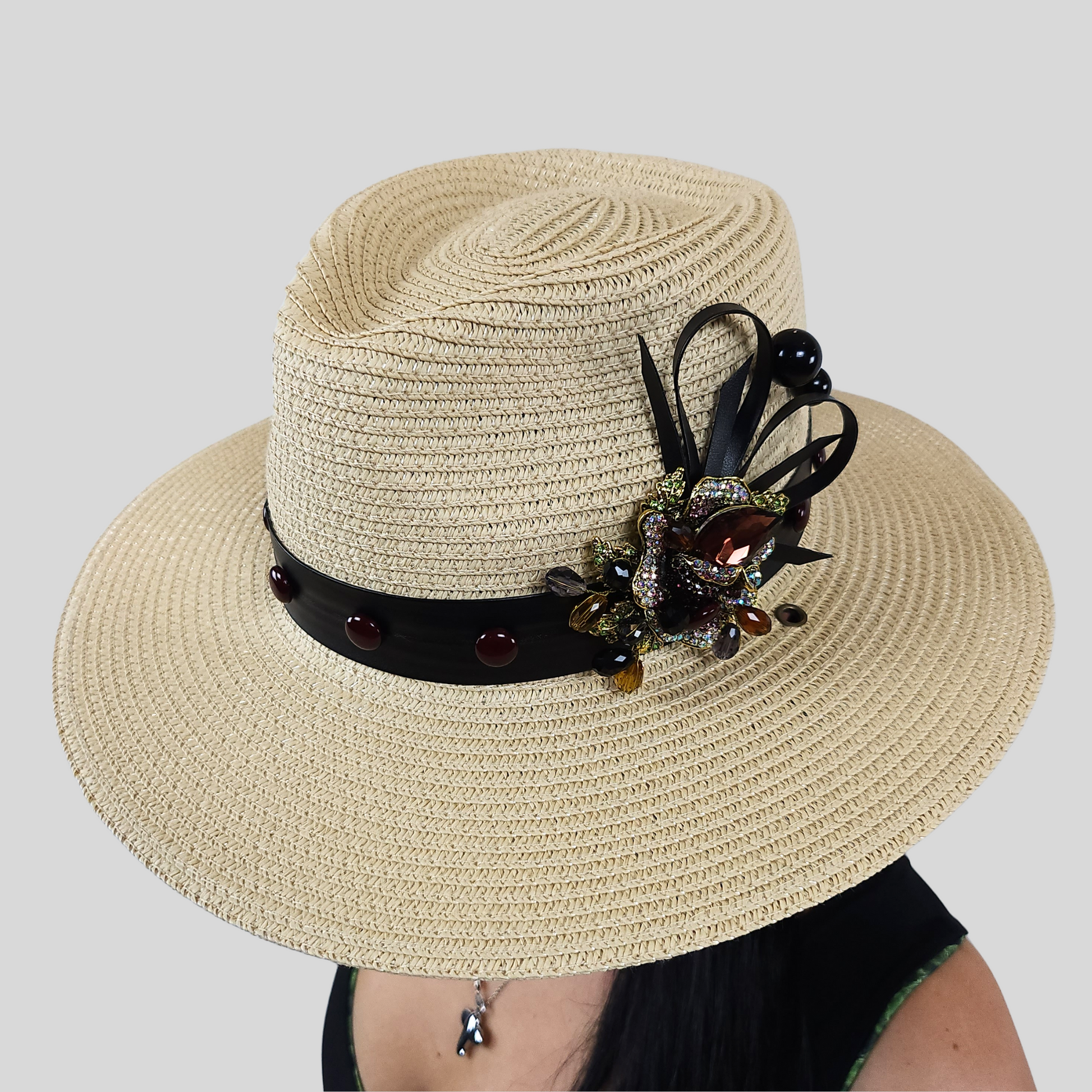 Beige Straw Fedora Hat with Glass Brooch side view 