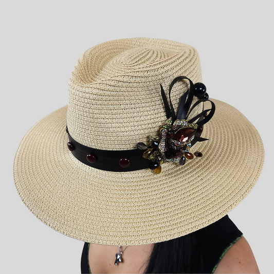 Beige Straw Fedora Hat with Glass Brooch side view 