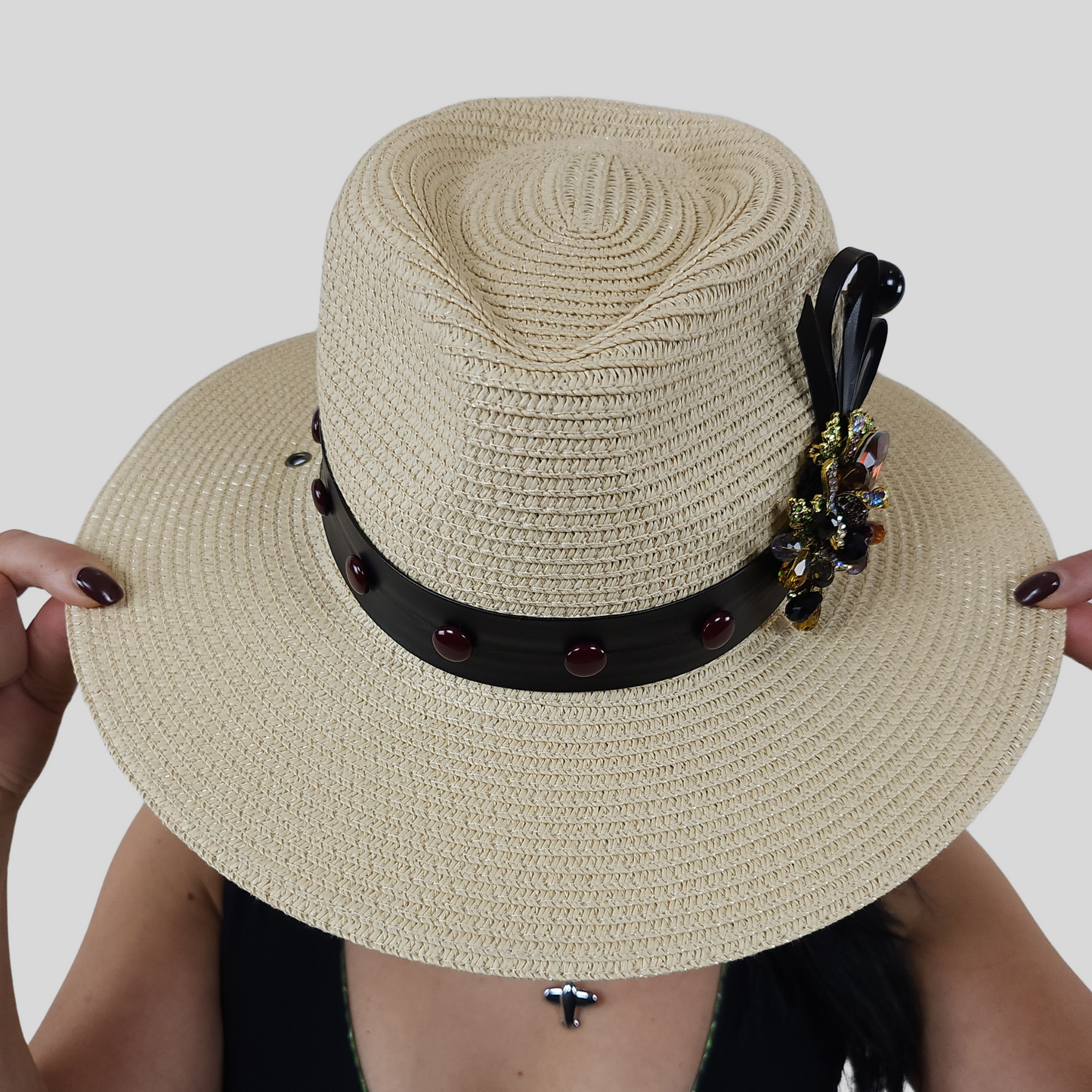Beige Straw Fedora Hat with Glass Brooch  overhead 