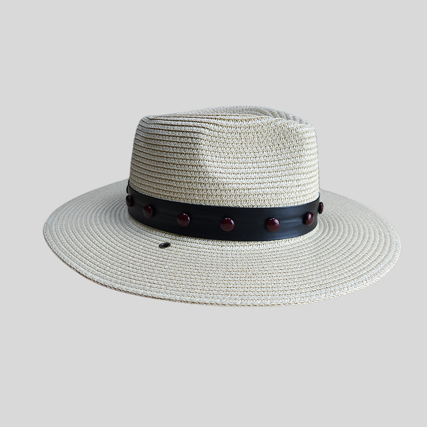 Beige Straw Fedora Hat with Glass Brooch close side view of the tape