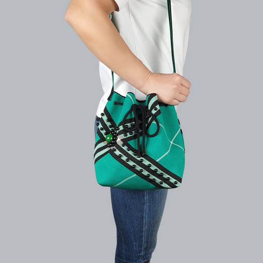 Black-Green Fabric Beaded Handbag-front view of the bag on the shoulder strap