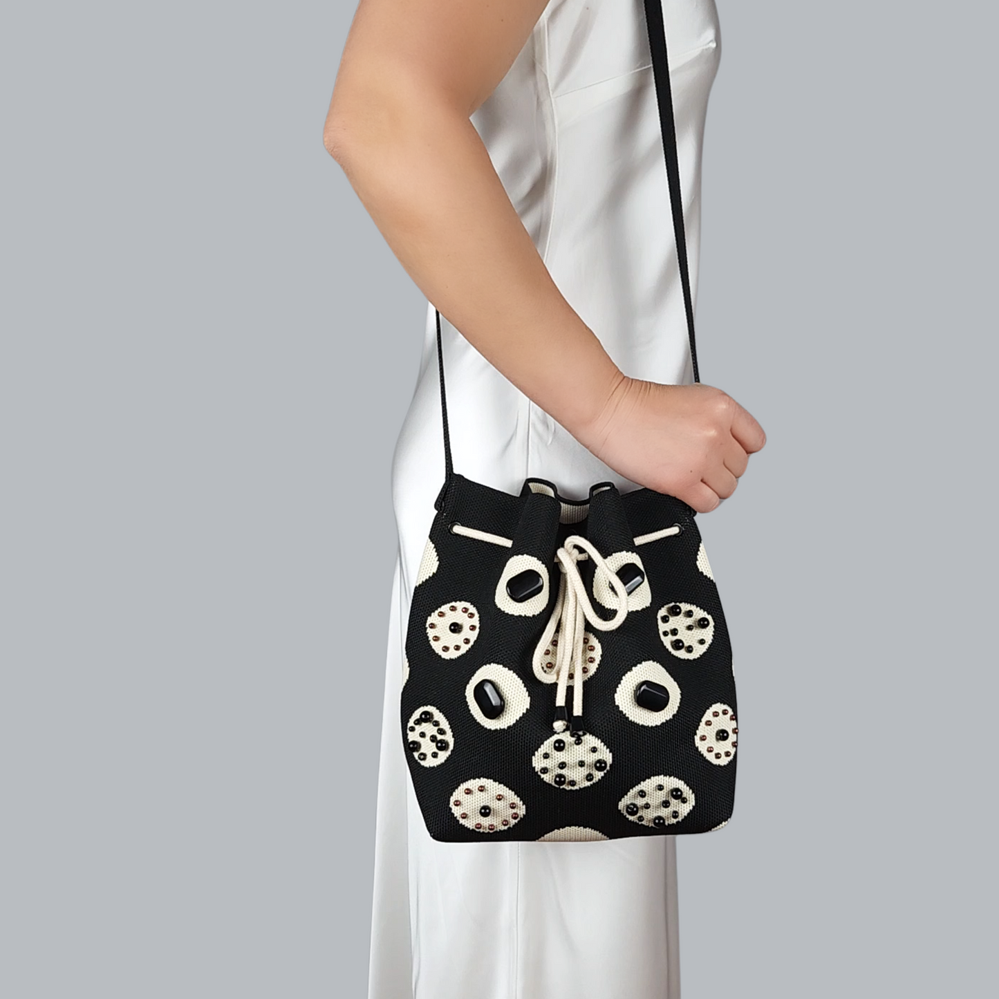 Black Fabric Polka Dot Bag with Pearls and Stones-shoulder bag look, long strap