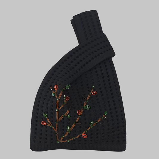 Black Knitted Fabric Bag with Bead Embroidery-embroidered front photo