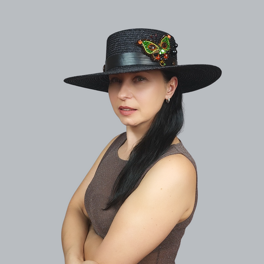 Black Straw Boater Hat with Butterfly Brooch