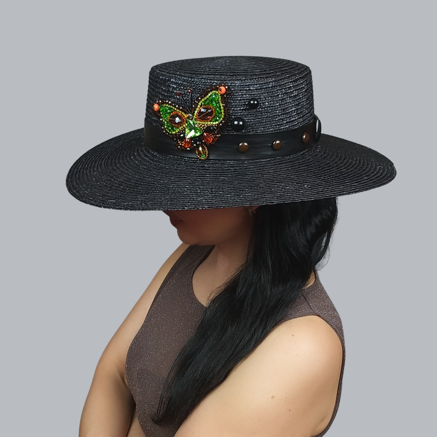 Black Straw Boater Hat with Butterfly Brooch – side view 