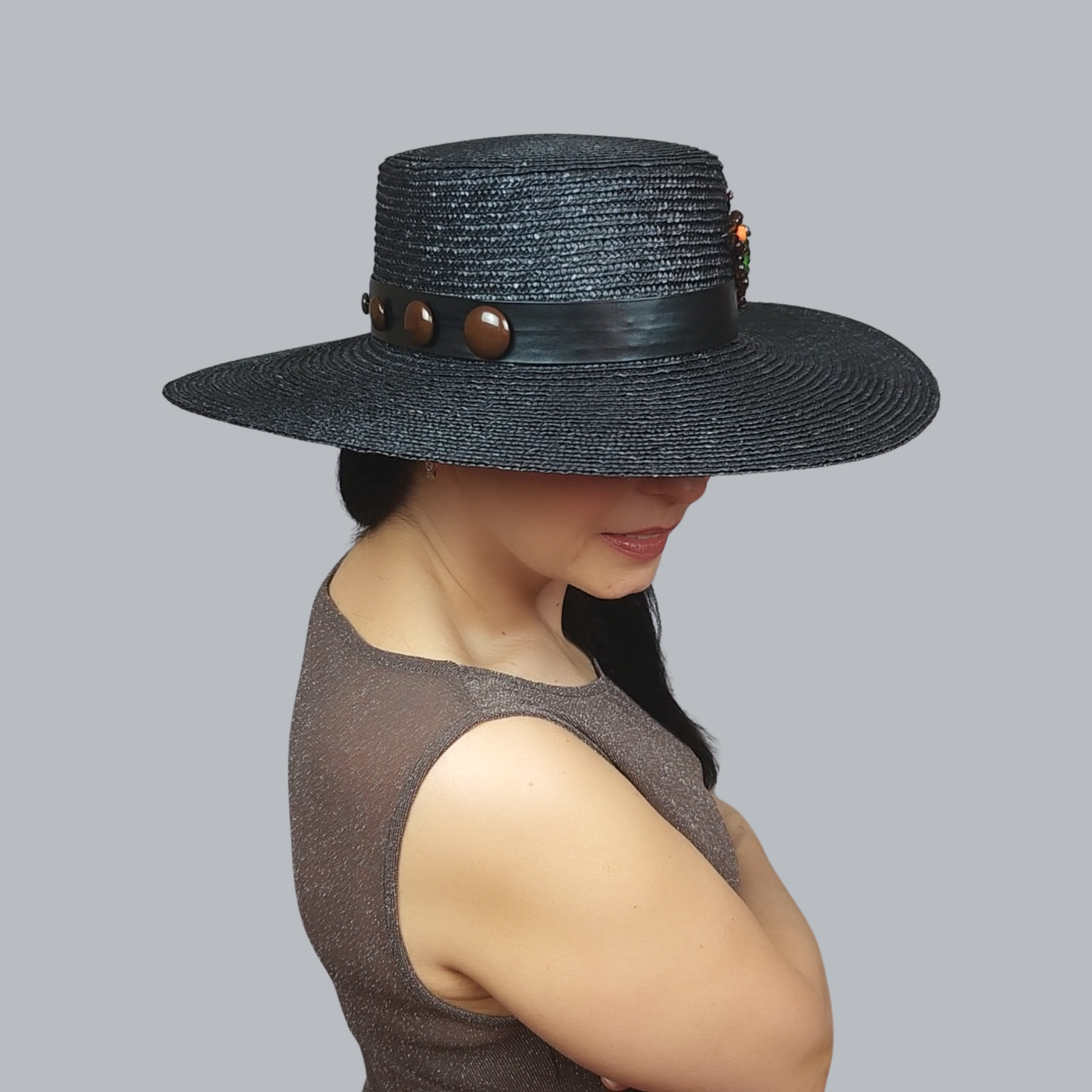 Black Straw Boater Hat with Butterfly Brooch – side view close up