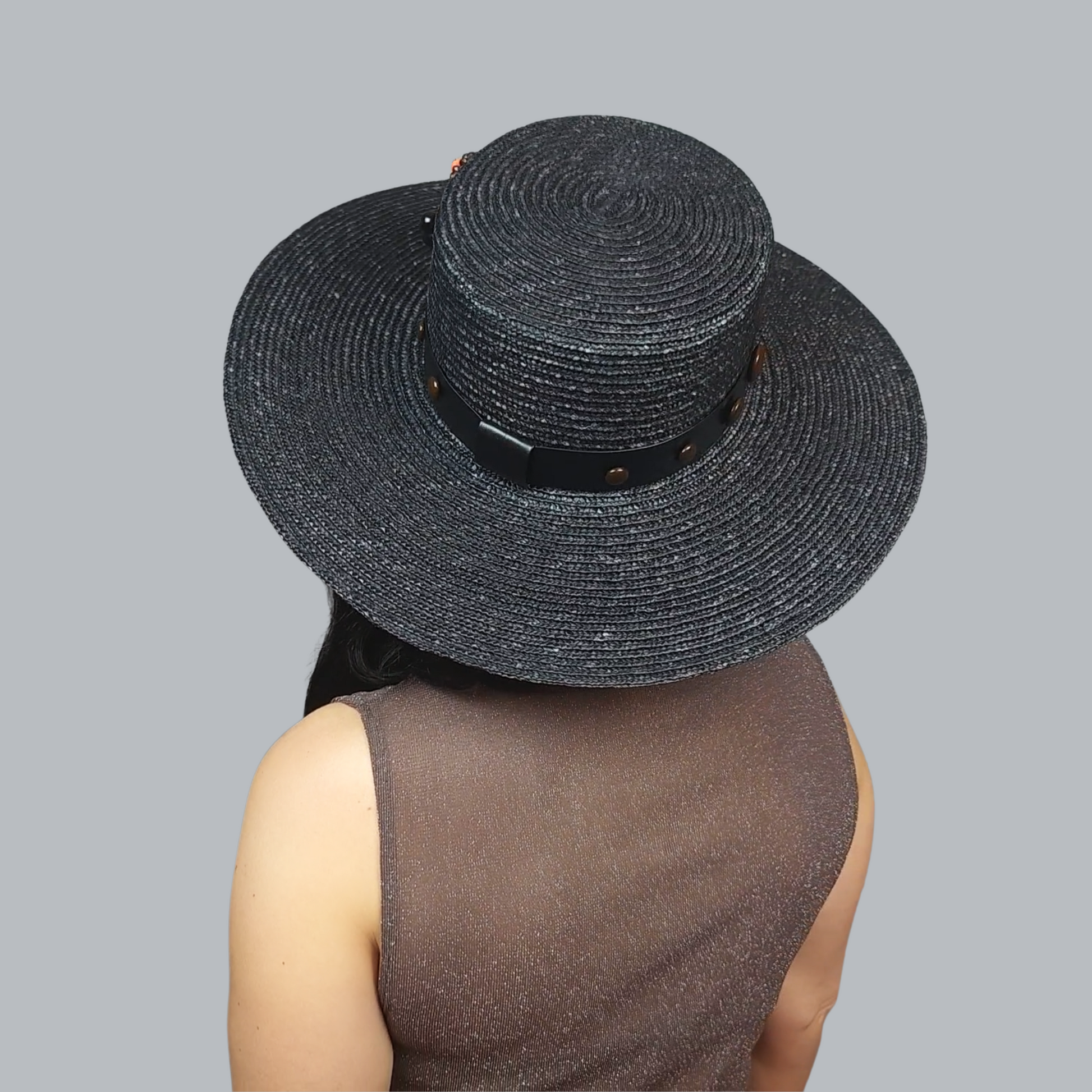 Black Straw Boater Hat with Butterfly Brooch – Close Rear View