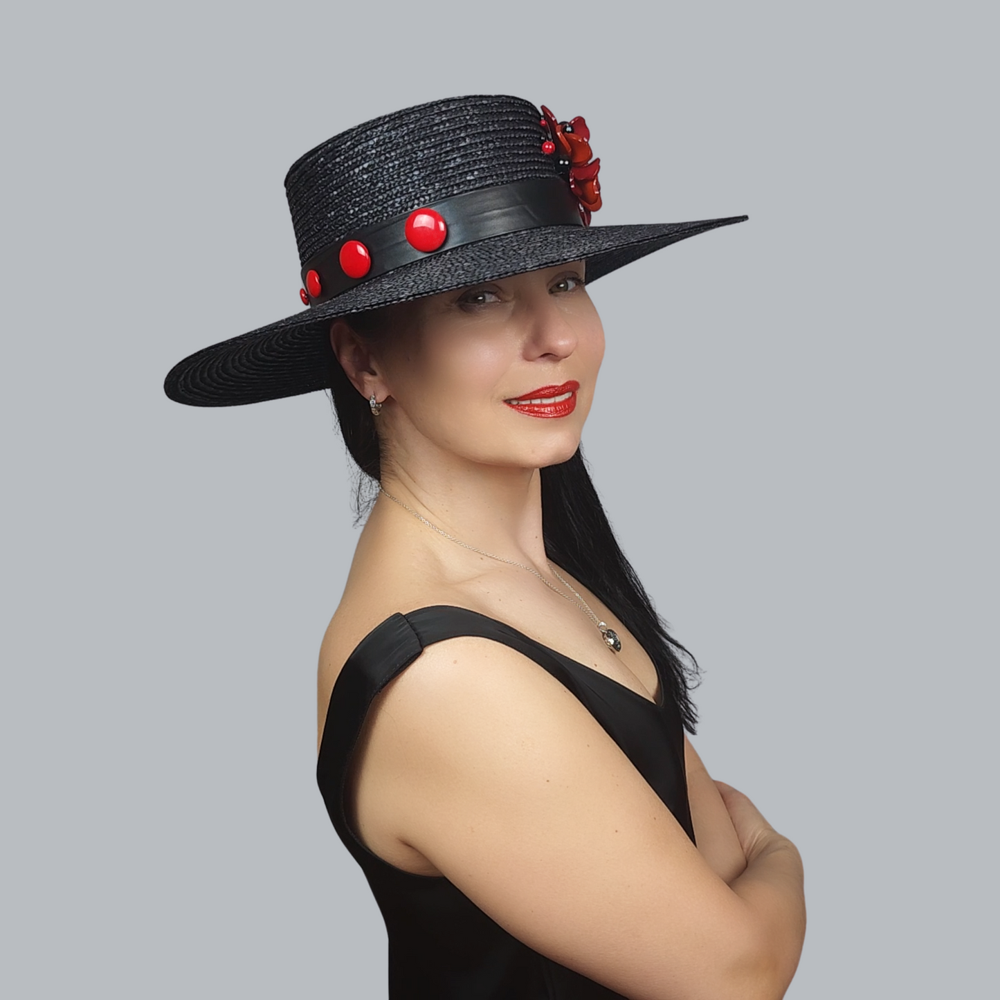 Black Straw Boater Hat with Red Flower Brooch