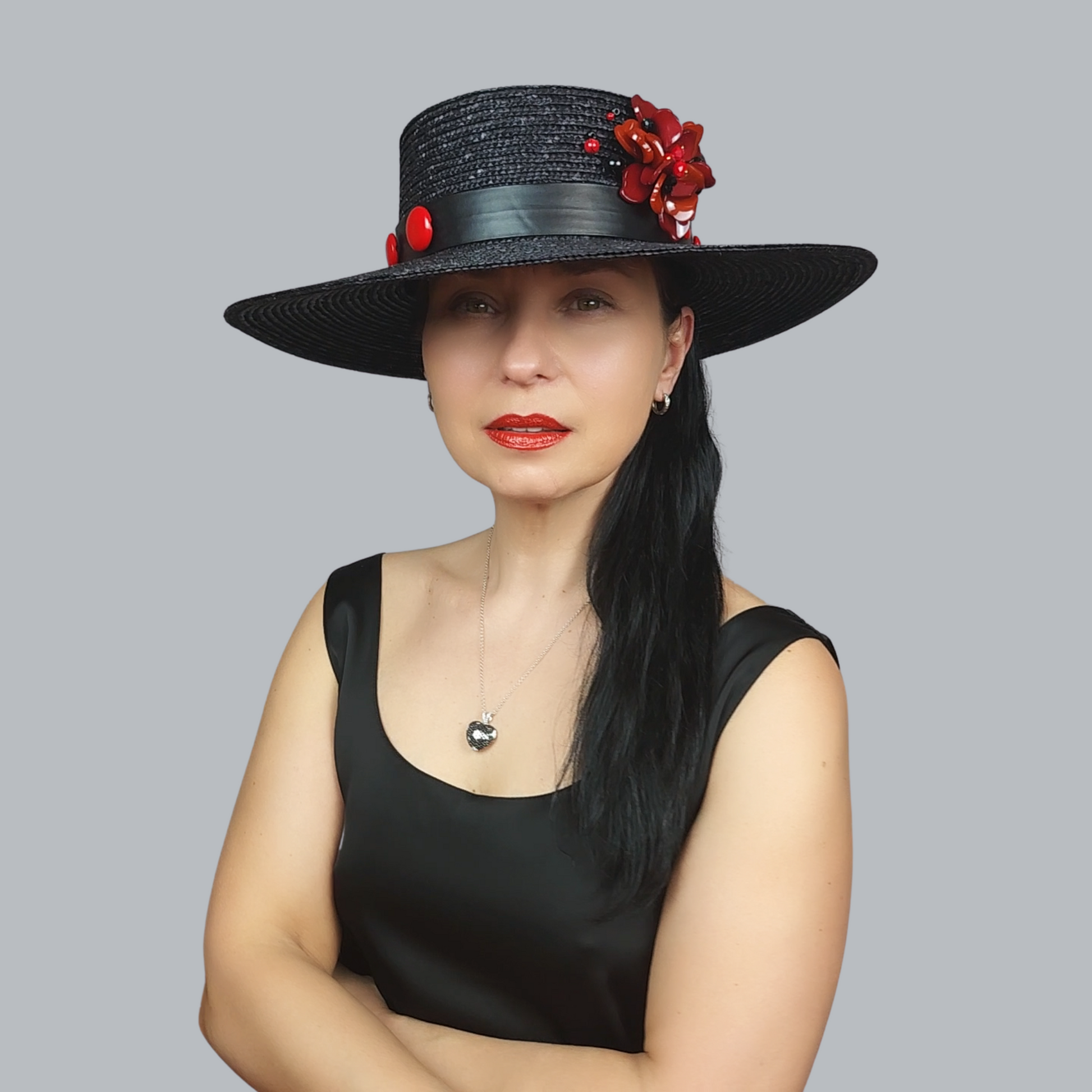 Black Straw Boater Hat with Red Flower Brooch – straight view