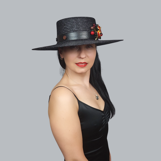 Black Straw Boater Hat with Two-Tone Flower Brooch – front view