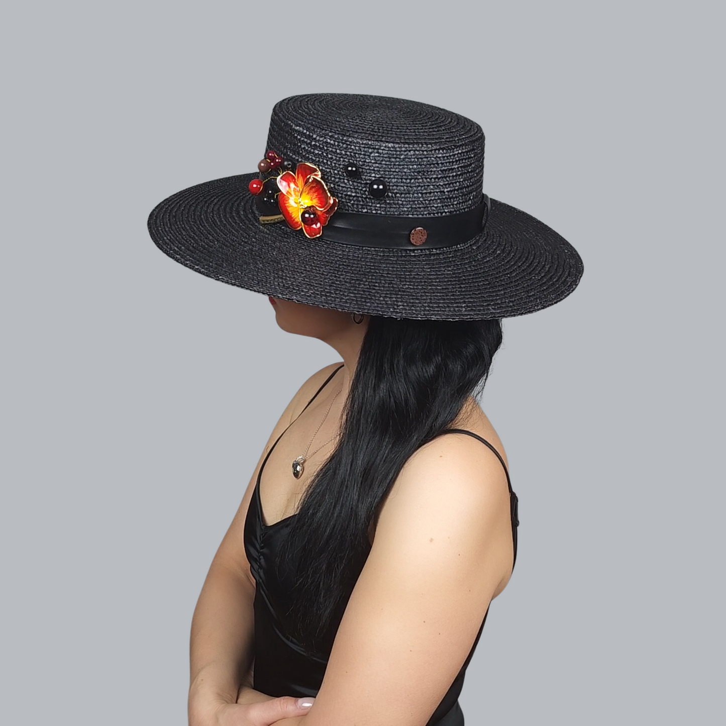 Black Straw Boater Hat with Two-Tone Flower Brooch – Side View