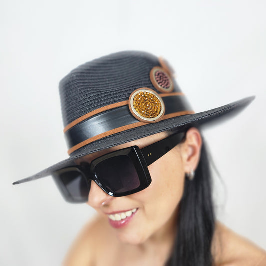 Black Straw Fedora Hat with Bead Rings close up side view in full-face