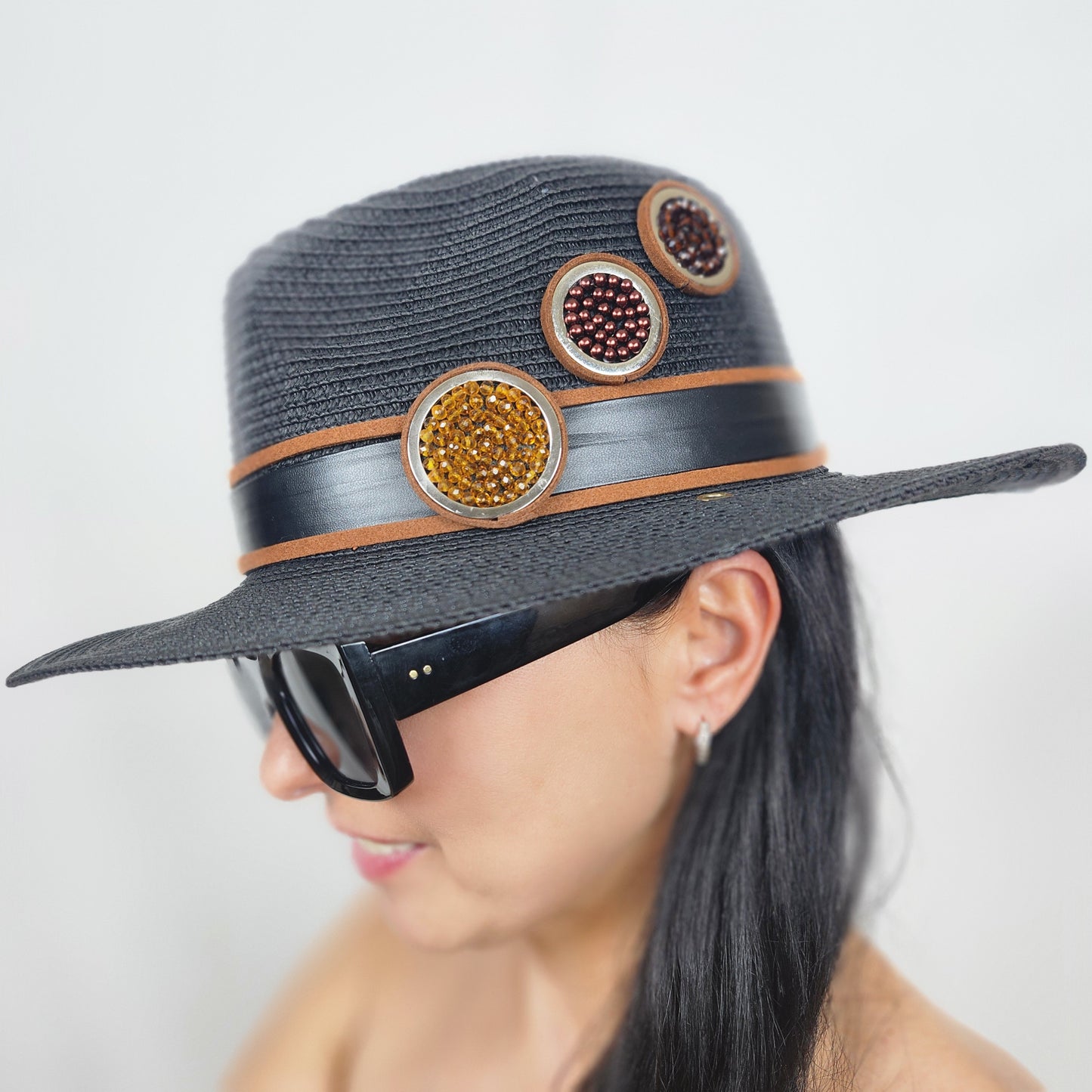 Black Straw Fedora Hat with Bead Rings very close to the side 