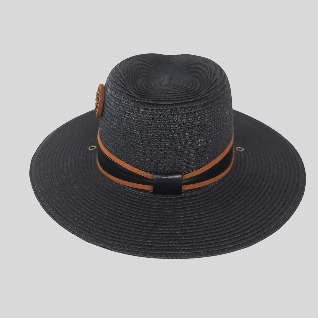 Black Straw Fedora Hat with Bead Rings rear view