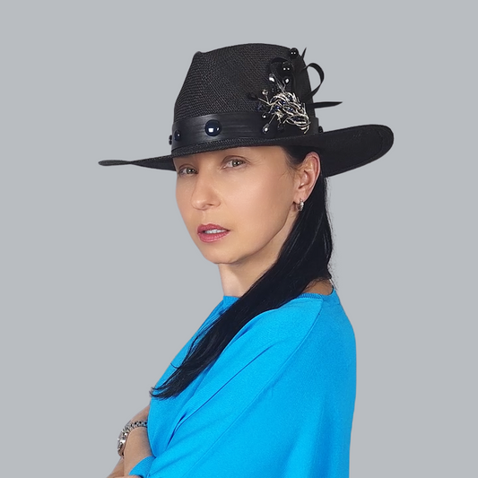 Black Straw Fedora Hat with Brooch in full-face