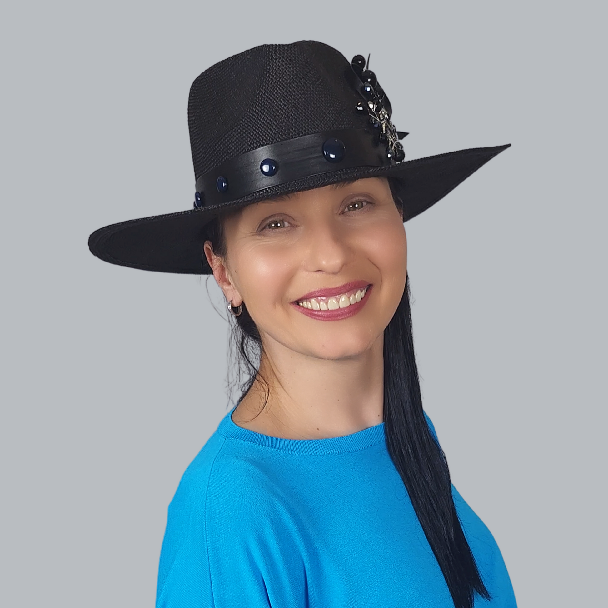 Black Straw Fedora Hat with Brooch close right