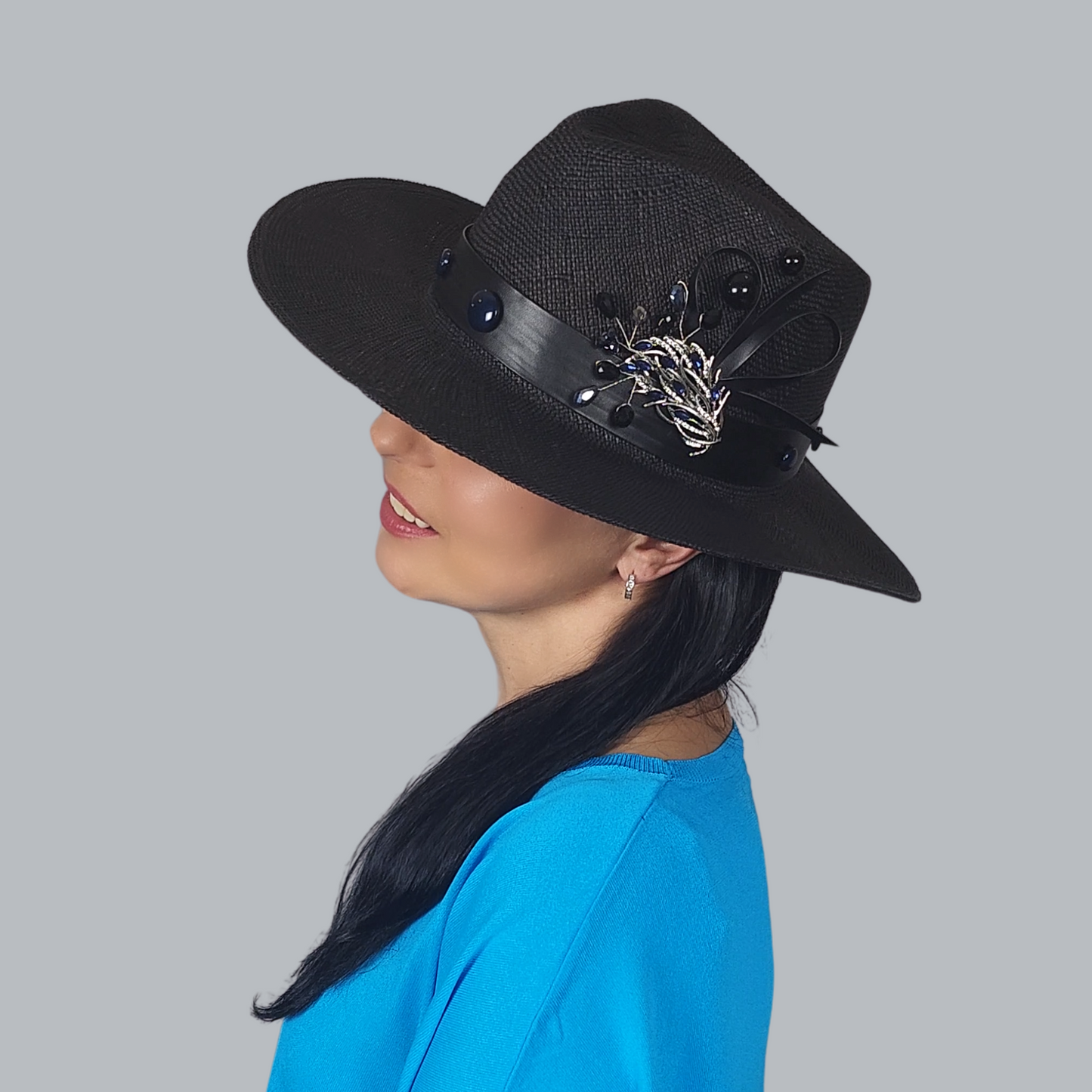 Black Straw Fedora Hat with Brooch close up side view