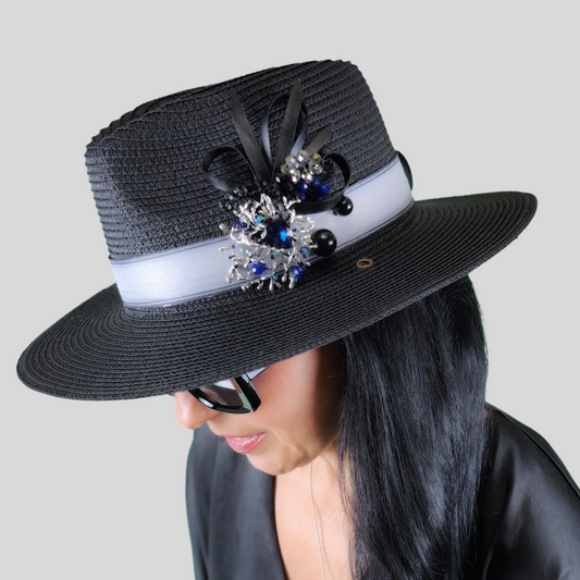 Black Straw Fedora Hat with Glass Brooch side profile view