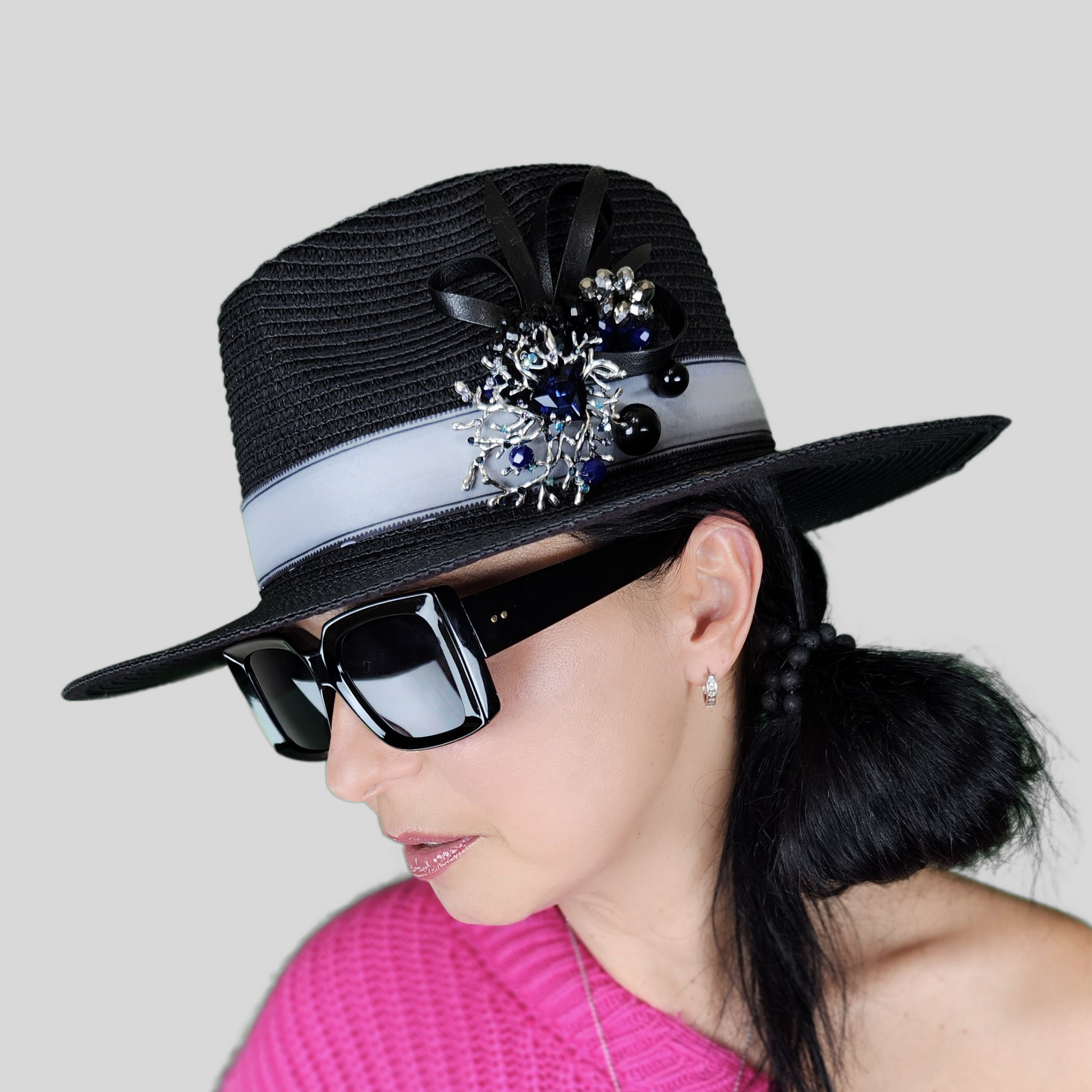Black Straw Fedora Hat with Glass Brooch side view in profile close up