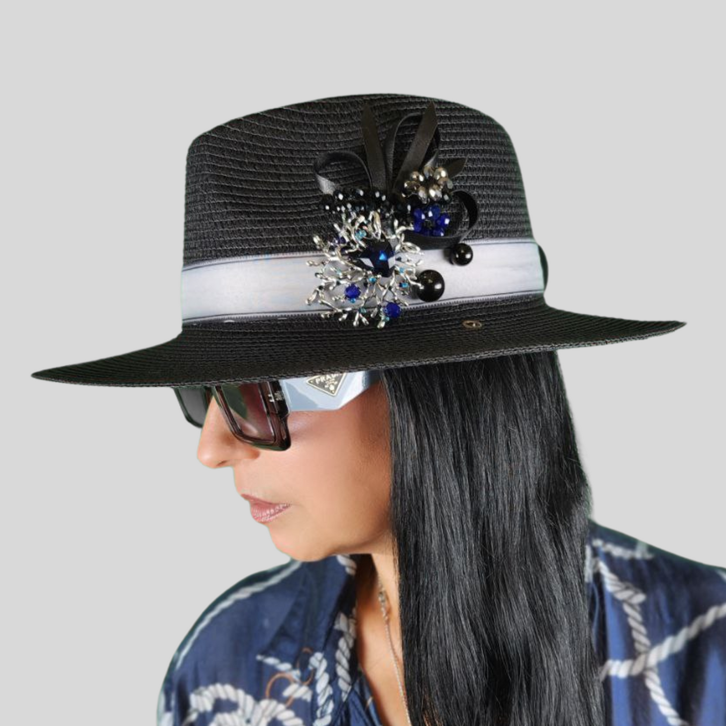 Black Straw Fedora Hat with Glass Brooch side view in profile close up brooch