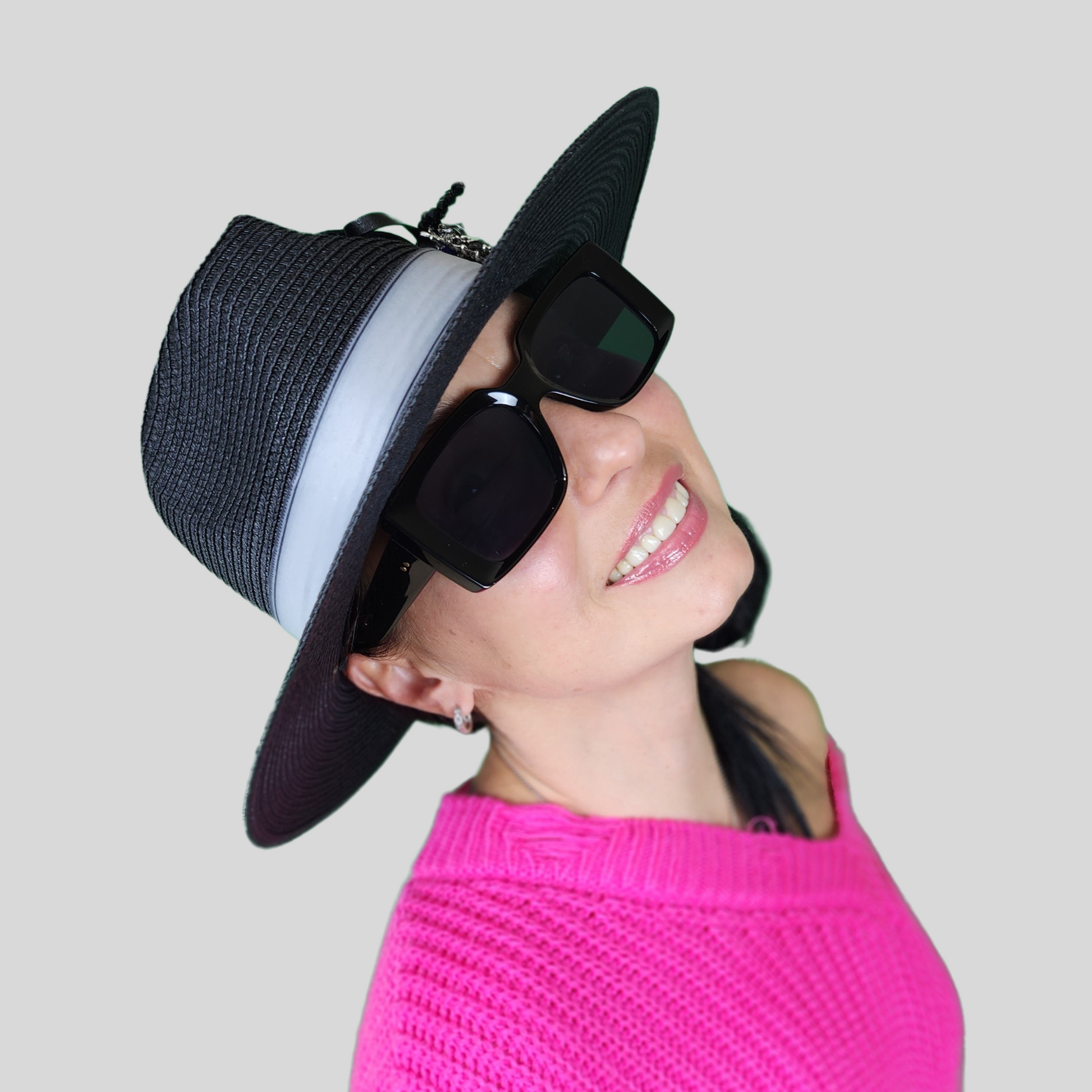 Black Straw Fedora Hat with Glass Brooch side profile view close up of the ribbon