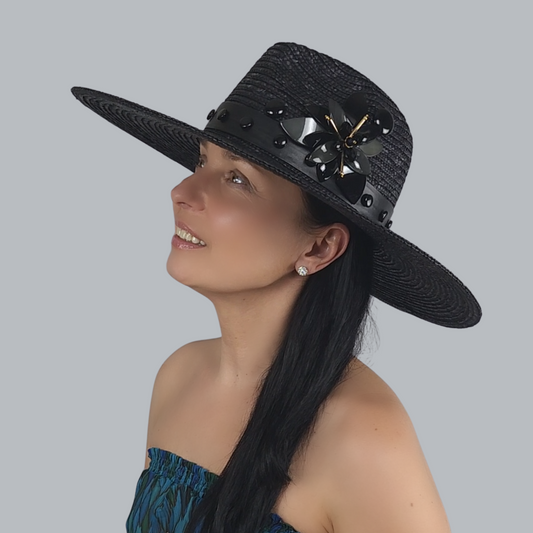 Black Straw Fedora Hat with Pearl Accent  close profile view