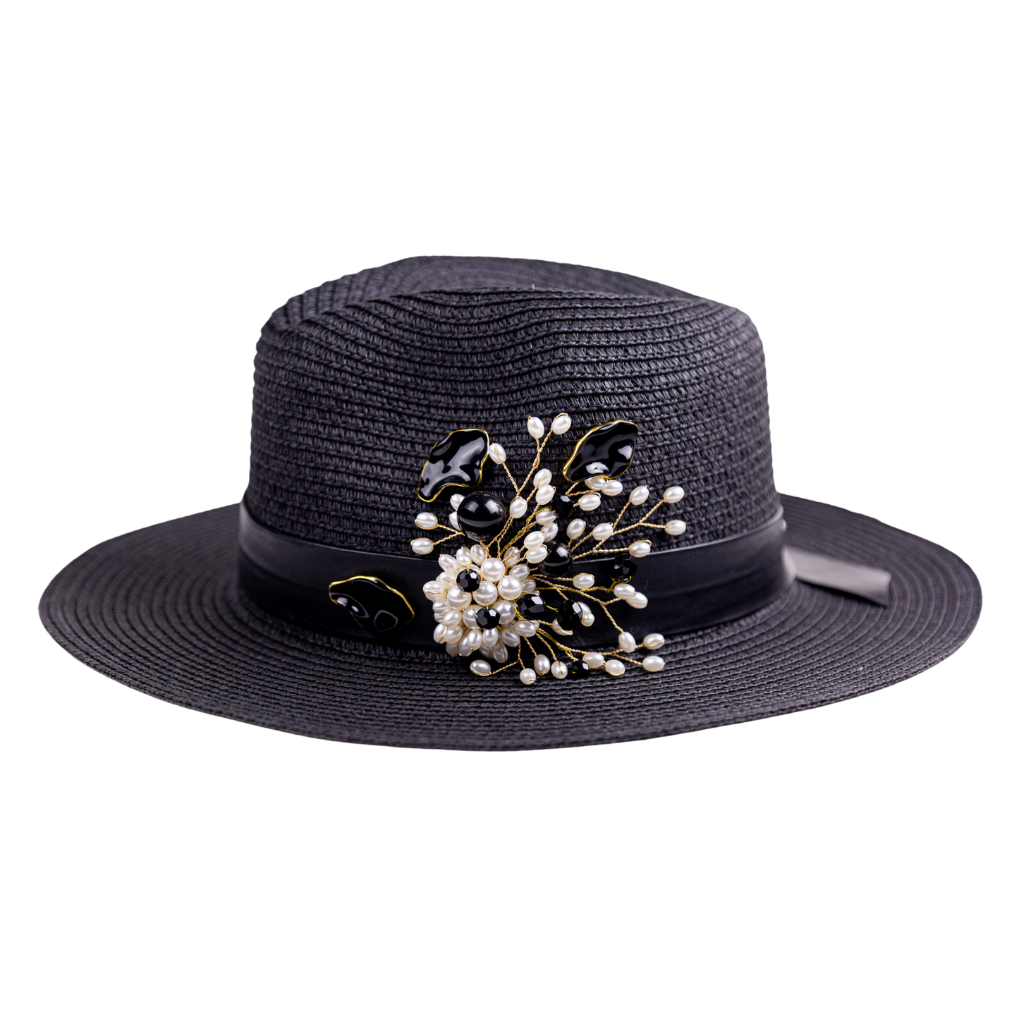 Black Straw Fedora Hat with Pearl Brooch-a close-up photo of the hat, foreground