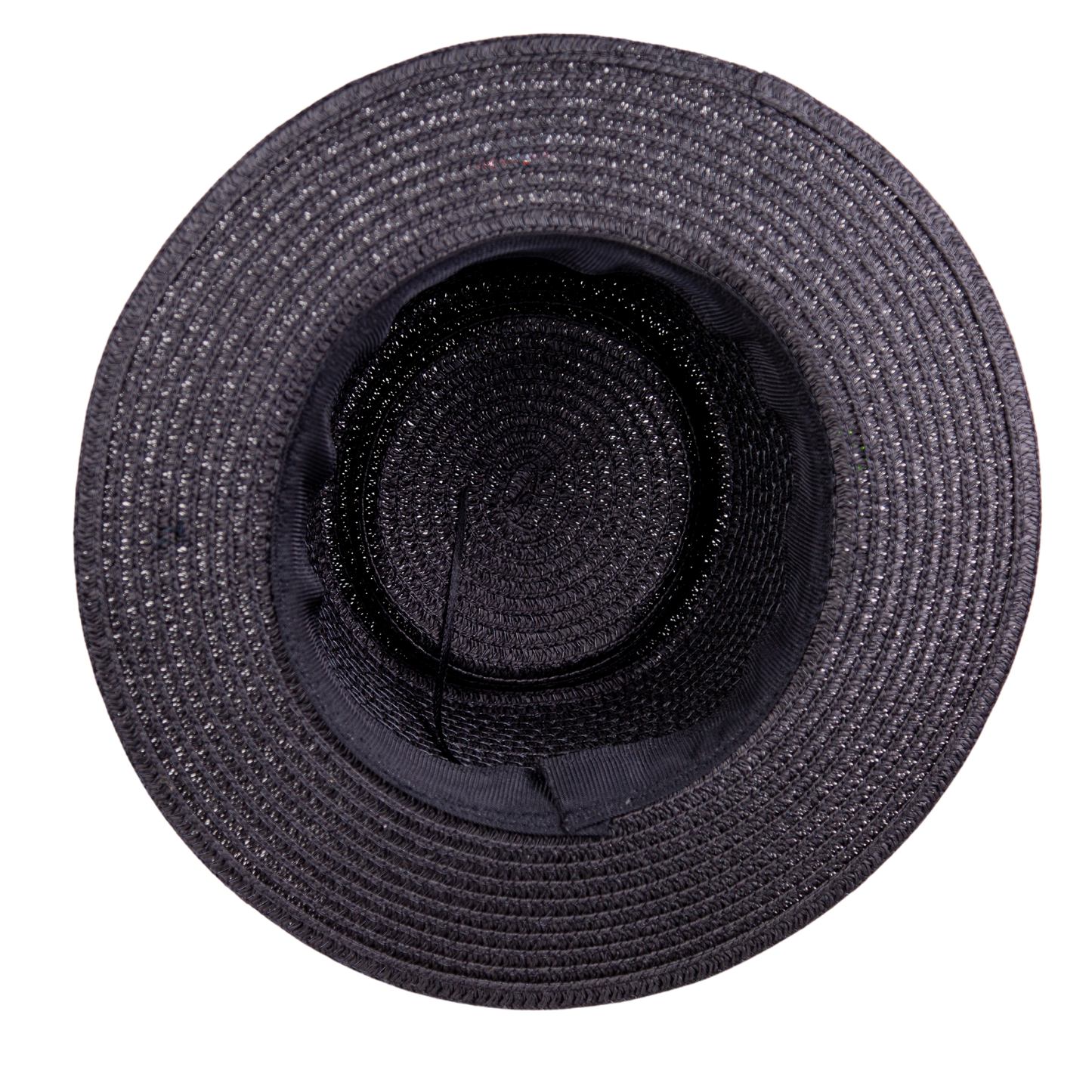 Black Straw Fedora Hat with Pearl Brooch-a close-up photo of the hat inside