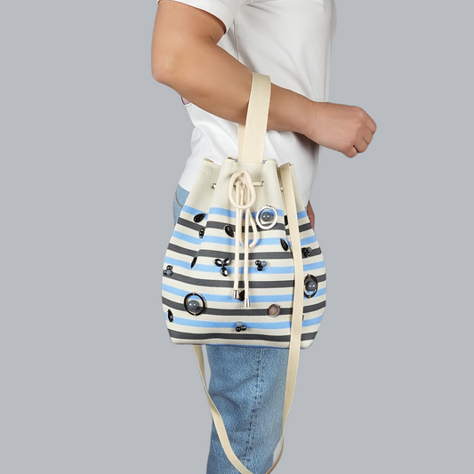 Blue Grey Striped Fabric Bag with Beads-bag hanging from my arm