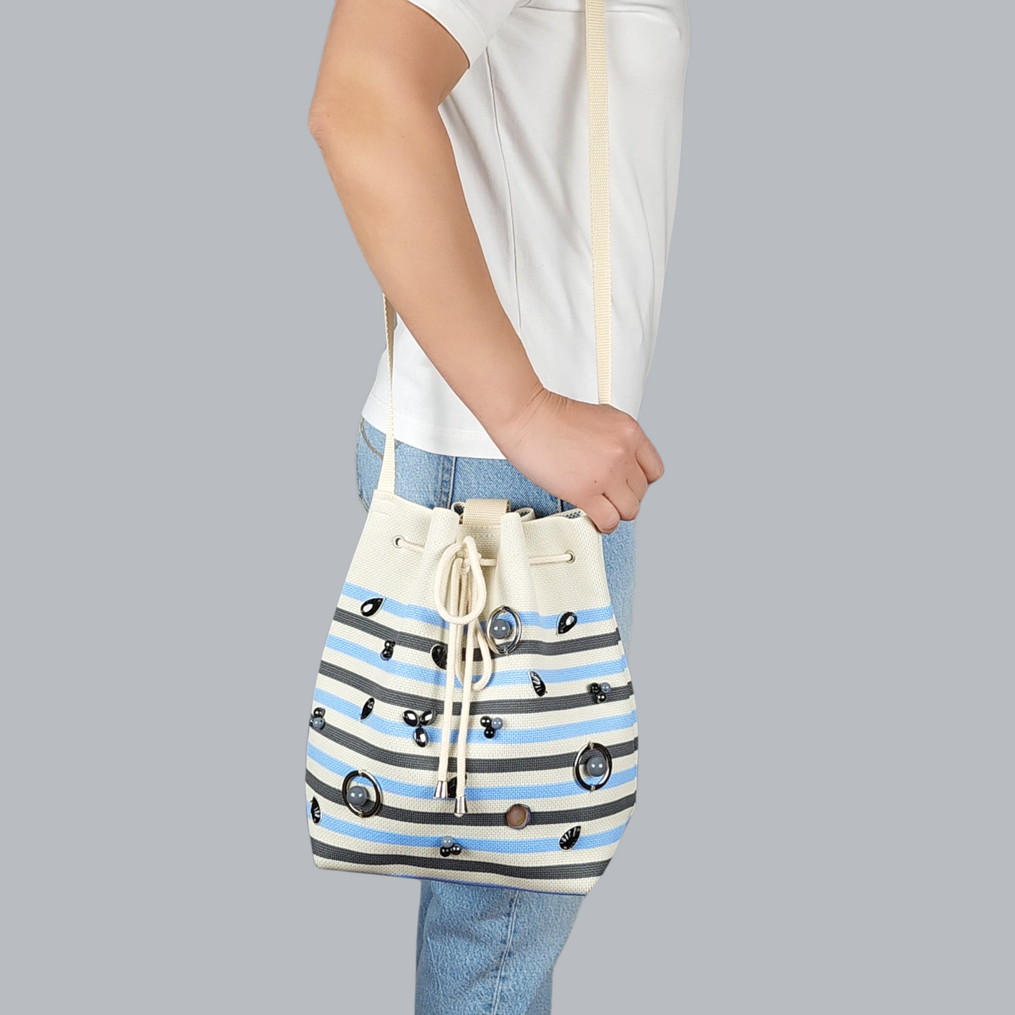 Blue Grey Striped Fabric Bag with Beads-bag hanging on my shoulder