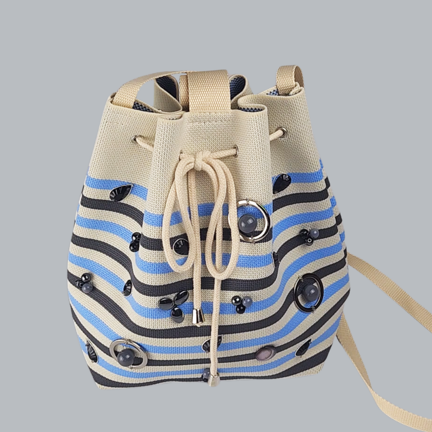 Blue Grey Striped Fabric Bag with Beads-a close-up photo of the bag 