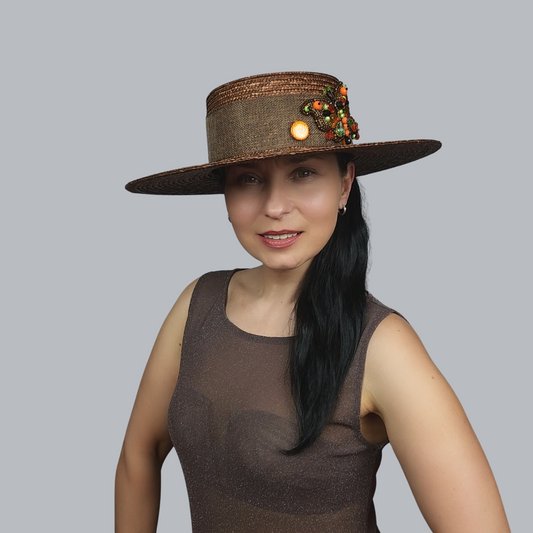 Brown Straw Boater Hat with Butterfly Brooch