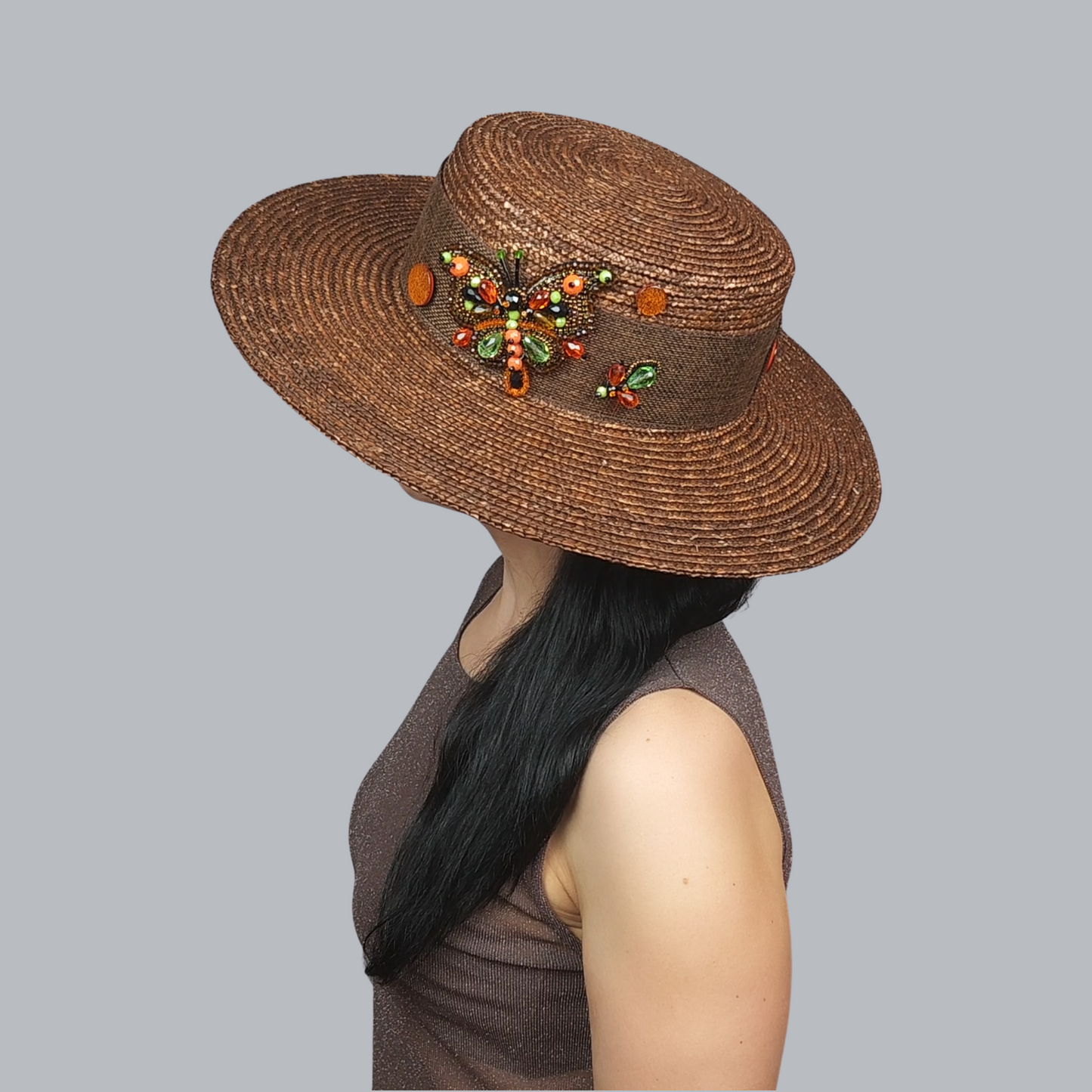 Brown Straw Boater Hat with Butterfly Brooch – Side View