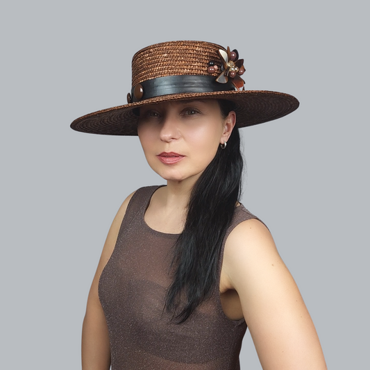 Brown Straw Boater Hat with Lotus Brooch