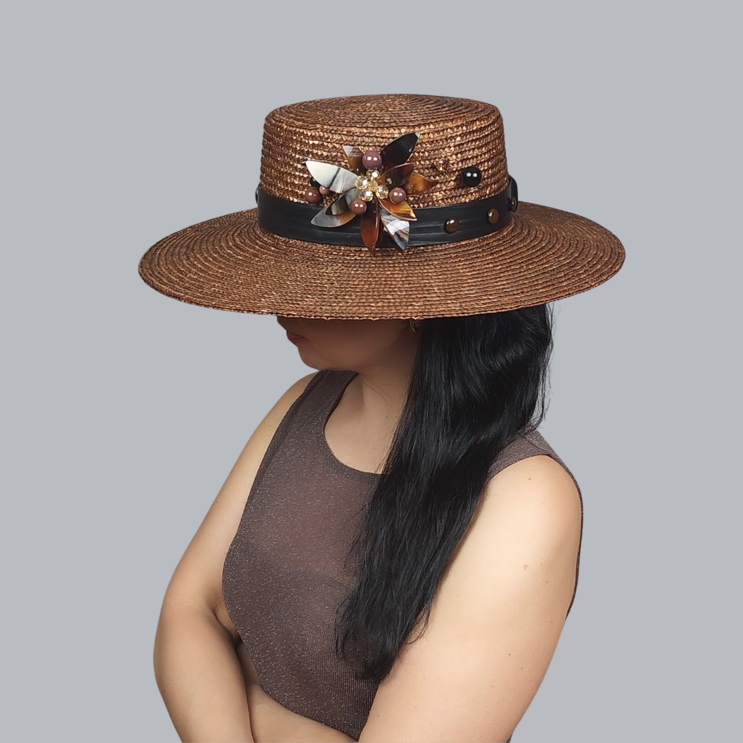 Brown Straw Boater Hat with Lotus Brooch – side view 