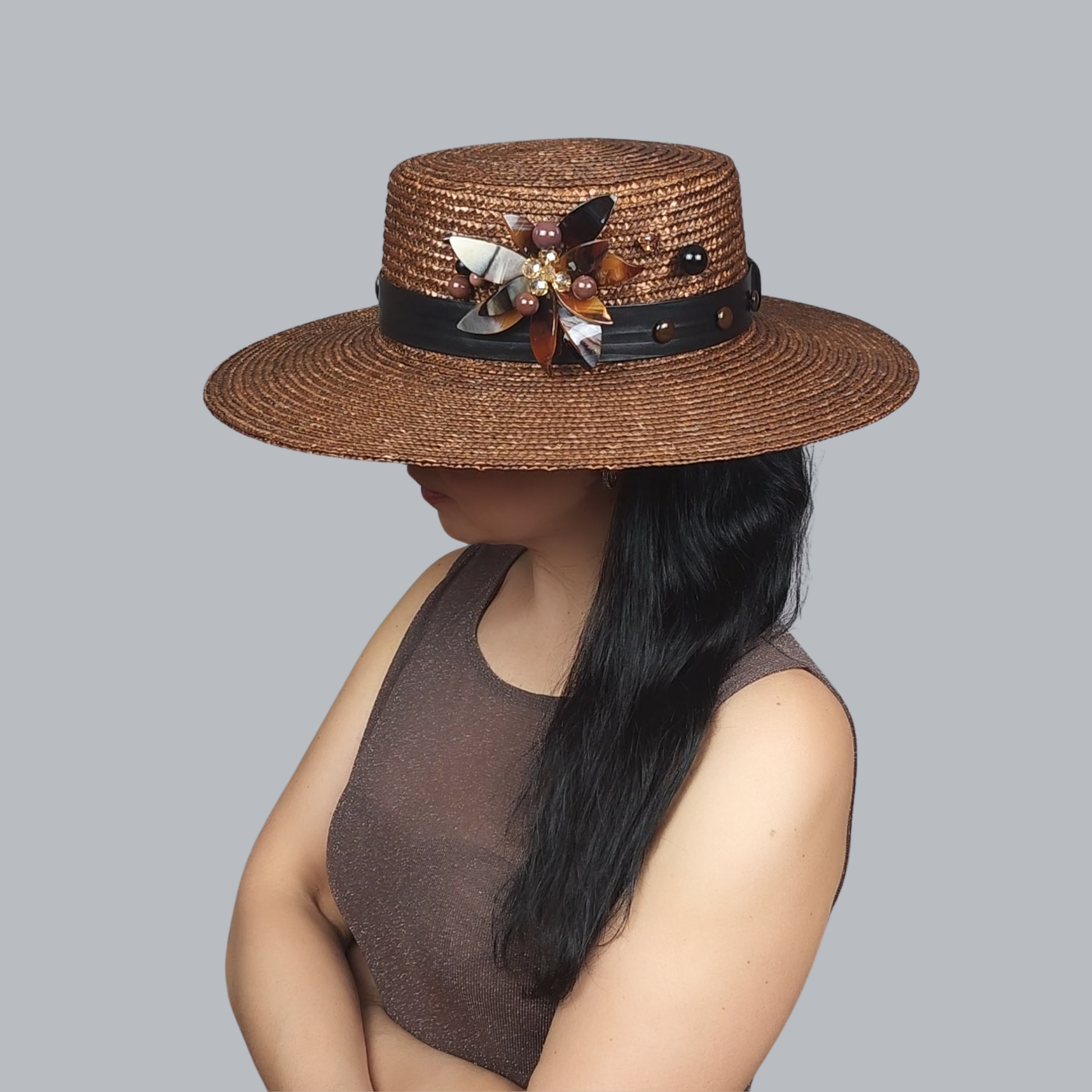 Brown Straw Boater Hat with Lotus Brooch – side view 