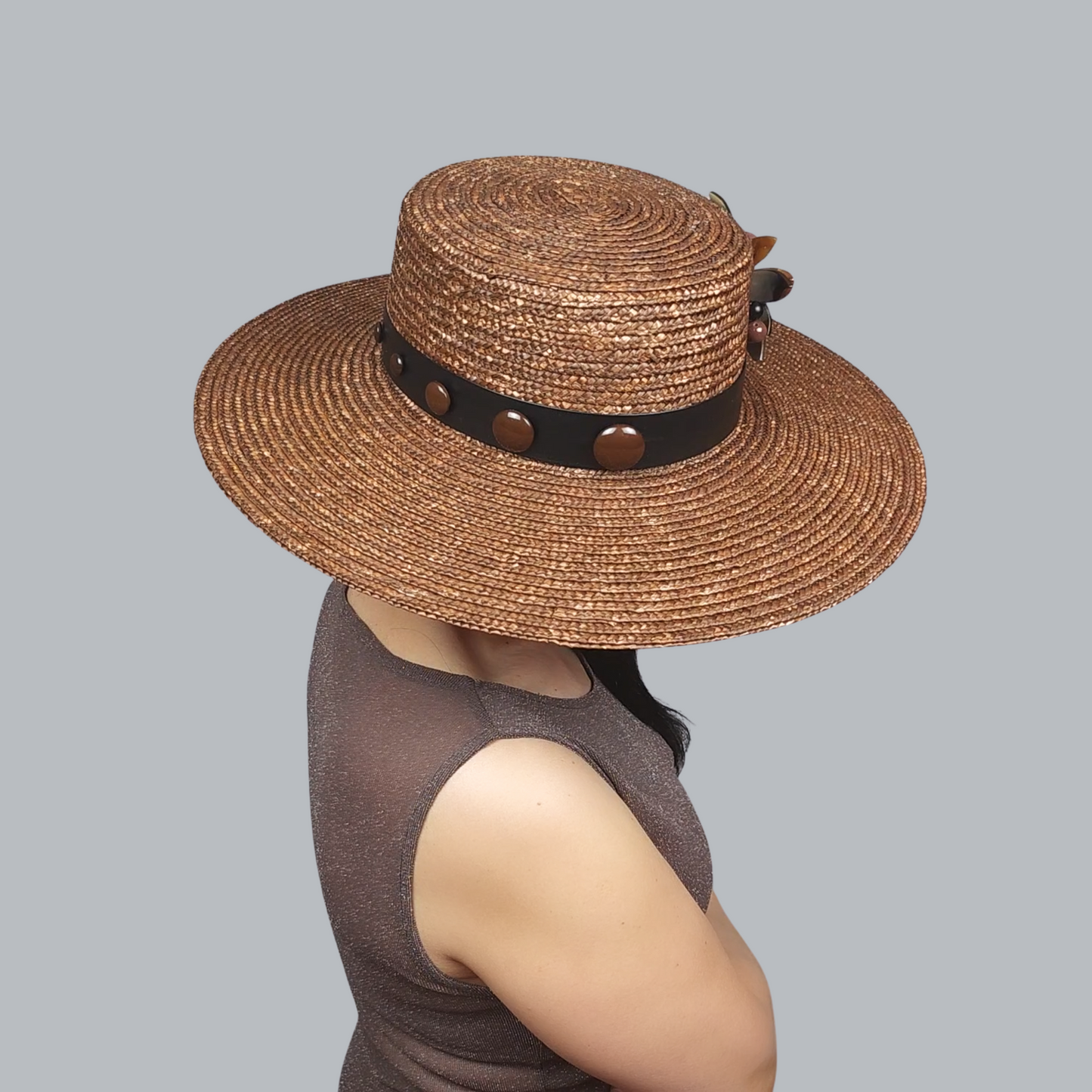 Brown Straw Boater Hat with Lotus Brooch – Side View Closeup