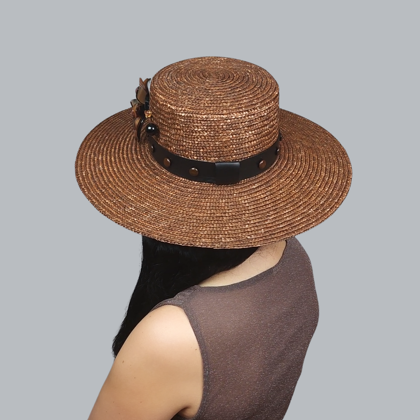 Brown Straw Boater Hat with Lotus Brooch – Rear View  