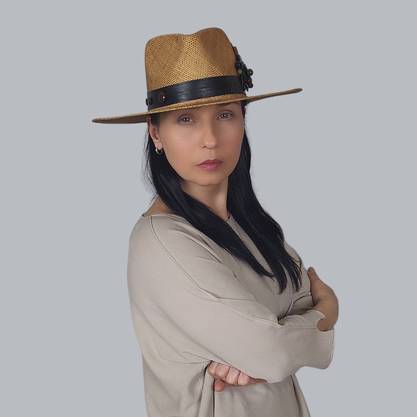 Brown Straw Fedora Hat with Brooch front view